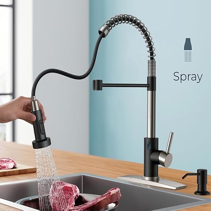 Touch-Less Kitchen Faucet, 3 Modes Pull Down Sprayer, LED Temperature Control,Ceramic Valve, 360-Degree Rotation, 1 or 3 Hole Deck Plate. 10-Year Warranty.(KW-79NR, Brushed Nickel/Black)