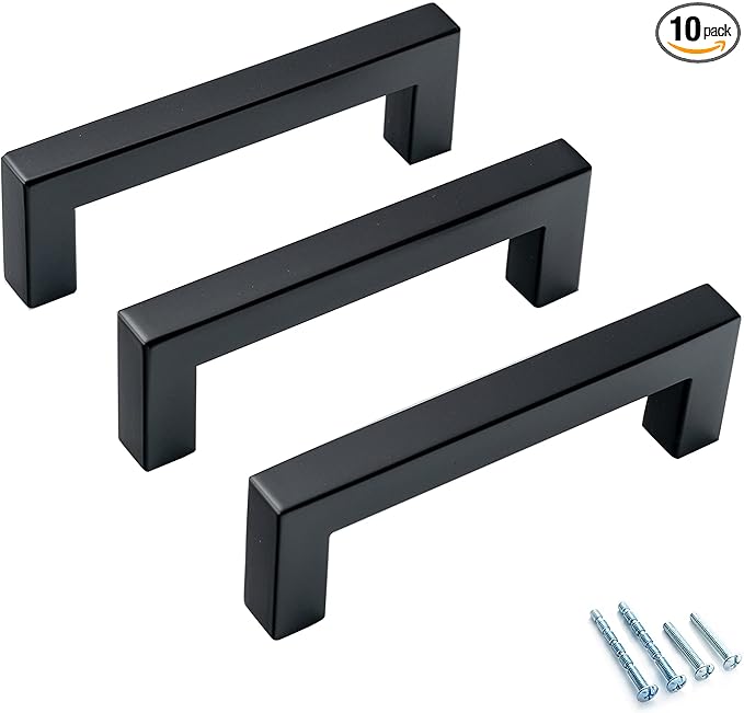 10 Pack Black Cabinet Handles Stainless Steel Matte Black Square Cabinet Pulls Modern Kitchen Cabinet Drawer Handles 3 3/4 Inch Hole Center 96mm
