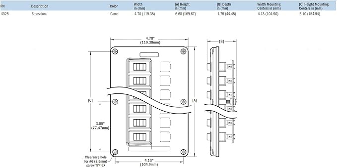 Blue Sea Systems 4325 Water-Resistant Circuit Breaker Switch Panel, Camo, 6 Positions