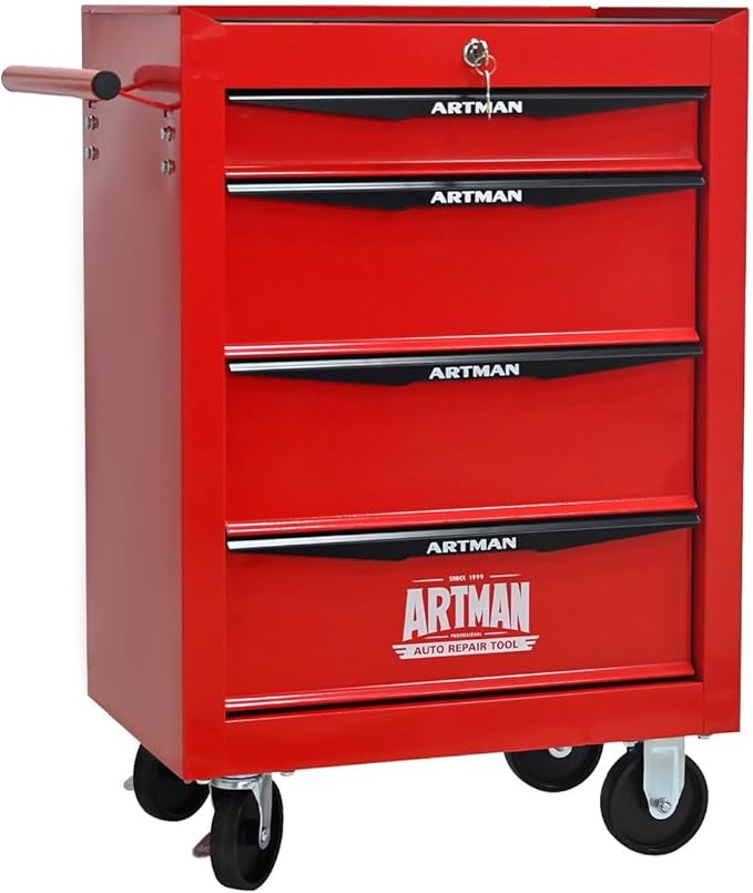 4-Drawer Steel Rolling Tool Cart with Wheels & Handle, Heavy-Duty Tool Chest Storage Cabinet for Garage and Workshop