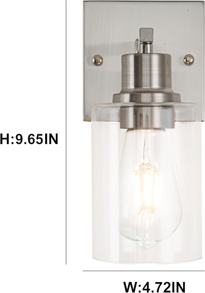 EMONG Brushed Nickel Bathroom Light Fixtures, 1-Light Vanity Lights with Clear Glass Shade, Wall Sconces for Hallway, Farmhouse, Living Room, Kitchen