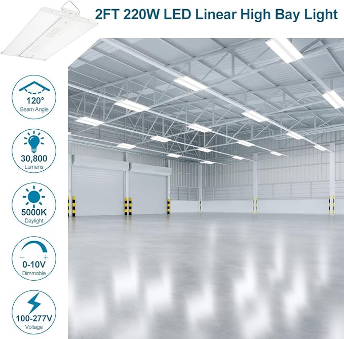 (2 Pack) LED high Bay Shop Light 220W 30800 Lumens 5000K 100-277V Dimmable, Commercial Linear Bay Lights for Warehouse Workshop Supermarket Stadium, Power Tunable 220W/165W/110W, 2FT