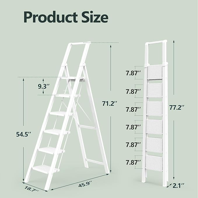 WOA WOA 6 Step Ladder, Lightweight Folding ladders with Wide Pedals, Slim Stepladder for Narrow Spaces, Tall Ladder for High Ceilings with Handrails, Kitchen Aluminum Ladder 300lbs - White