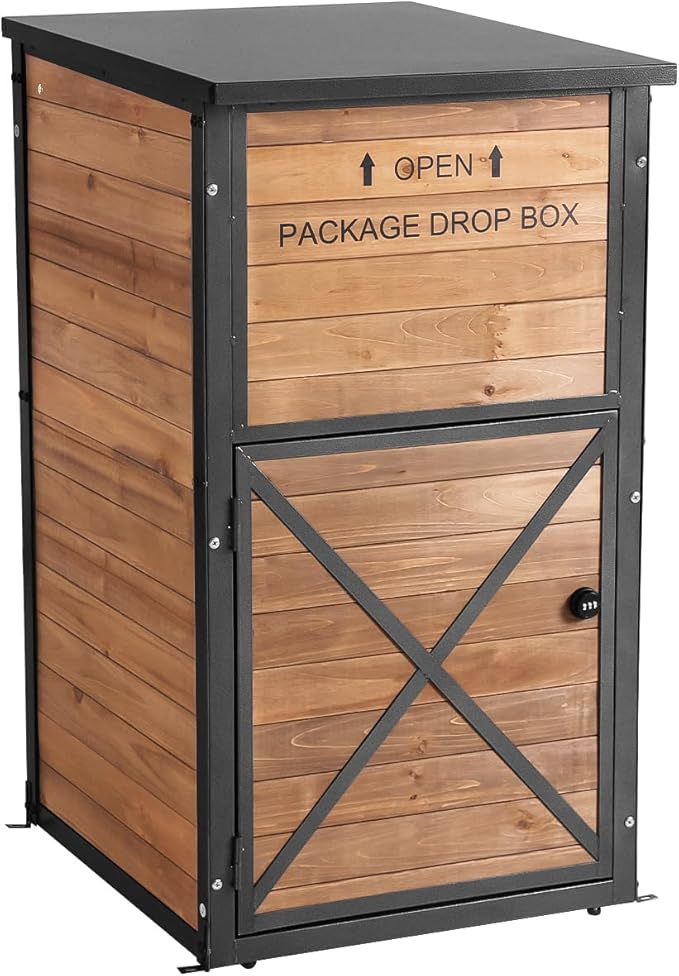 Outdoor Package Delivery Box with Lock - Weatherproof Parcel Drop Boxes for Porch, Anti-Theft Design, Wood-Grain Decorative Mailboxes for Secure Mail & Packages