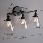 Phansthy 3-Light Wall Sconces Antique Brass Vanity Light, Industrial Wall Lamps with On Off Switch and Clear Glass Lampshade, Vintage Wall Lighting for Bathroom Living Room (Black, Cone Shade)