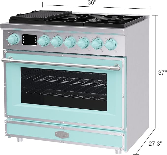 Akicon 36" Freestanding Gas Cooktop Oven Combo, Features 6 Sealed Burners, 5.2 Cu.ft Rapid Convection Oven, Convertible Fuel (NG/LP), Durable Cast Iron Grating (BESBESB1)