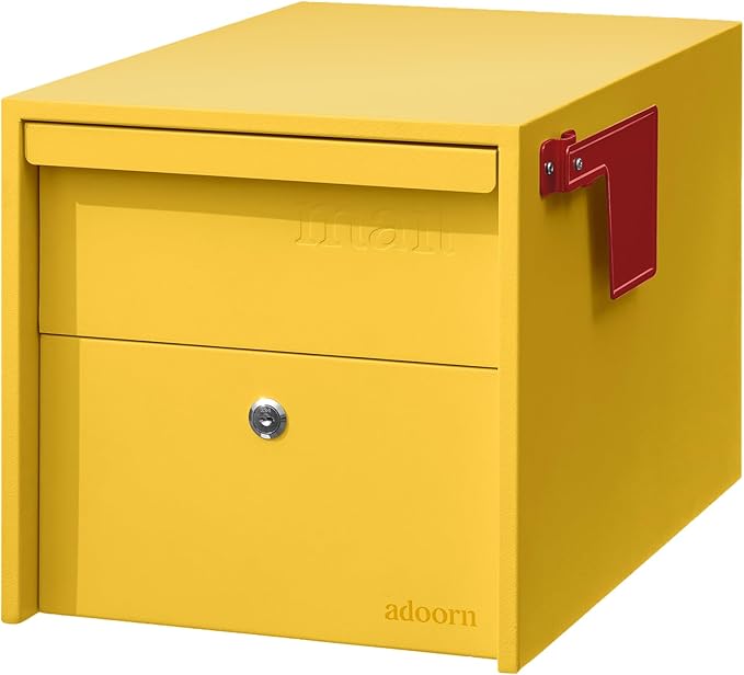 Adoorn Lockable Post Mount Mailbox | Small (Curb Yellow) Size 12 x 12 x 18.5 (HxWxD) Anti-Theft Locking Mailbox with 2 Keys, Modern Mailbox with Flag, Weatherproof Mailboxes for Outside