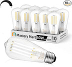 MASTERY MART 10 Pack Vintage Edison Bulbs, E26 Led Bulb 5.5W Equivalent to 60W, Dimmable, 5000K Daylight White, High Brightness Antique ST19, Clear Glass