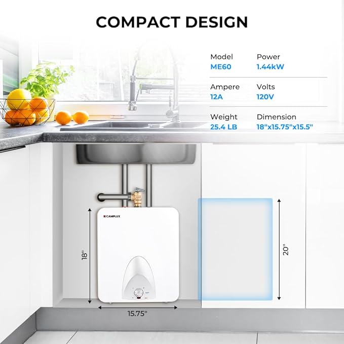 CAMPLUX Electric Hot Water Heater 6 Gallons, 120-Volt Corded 1440W Point of Use Mini-Tank Electric Water Heater, Wall or Floor Mounted, UL Listed ME60