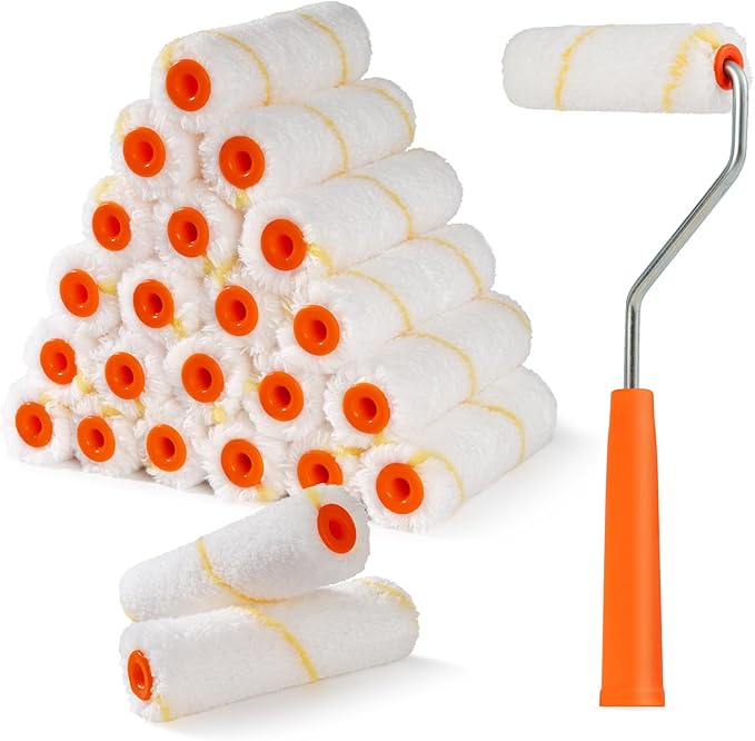 24 Pack Microfiber Paint Roller 4 Inch, Mini Paint Roller Covers, 3/8 Inch Nap, Small Paint Rollers for House Painting with Paint Roller Frame, Wall Painting Tool