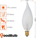 GoodBulb 25 Watt Flame Tip Candelabra Light Bulbs CA10 Frosted Finish E12 Base 2700K Soft White Light CFF Dimmable 25W 175 Lumens Decorative Chandelier Bulbs Pack of 12 Bulbs