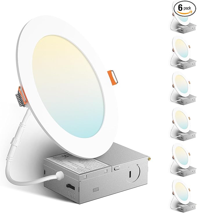 Amico 6 Pack 6 Inch 5CCT Ultra-Thin LED Recessed Ceiling Light with Metal Junction Box, 2700K-5000K Selectable, 12W Eqv 110W, Dimmable Canless Wafer Downlight with Plastic Trim, 1050 Lumens -ETL&FCC