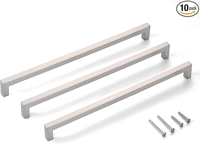 10 Pack Brushed Nickel Drawer Pulls,12-3/5 Inch Satin Nickel Square Cabinet Pulls for Bedroom Cupboard Handles,Modern SUS 304 Stainless Steel Kitchen Cabinet Hardware