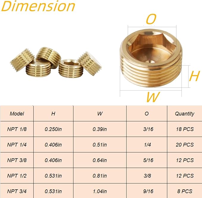 18PCS 1/8" NPT Brass Male Pipe Plug Fitting Hex Counter Sunk Pipe Plug (1/8" NPT)