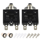 25A Manual Reset Push Button Circuit Breaker 125/250V AC 50V DC Thermal Overload Protector with Quick Connect Terminals and Waterproof Button Caps Assortment Kit(Pack of 2 pcs)