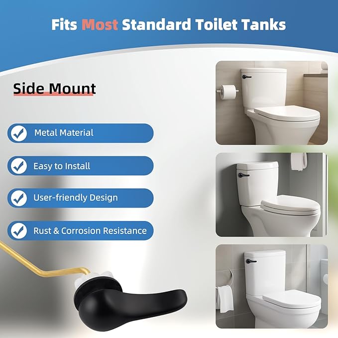 iFealClear Universal Metal Toilet Tank Flush Lever Replacement, Side Mount Toilet Handle Replacement Kit, Solid Brass Toilet Trip Lever Fits Most Toilets, Stainless Steel Chain, Matte Black