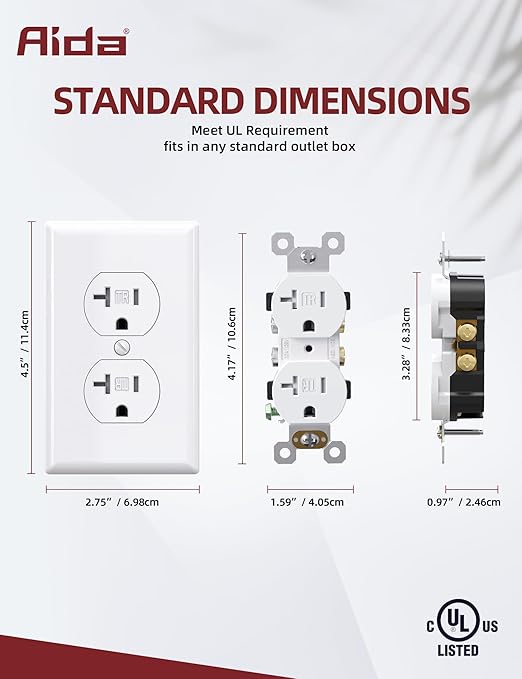 AIDA 20 Amps Outlets Duplex Electrical Receptacle Outlets,Tamper Resistant,Heavy-Duty Receptacle Wall Outlet,Residential,TR,3-Wire, Self-Grounding Clip,Wall Plate Included,UL Listed (20 Pack, White)