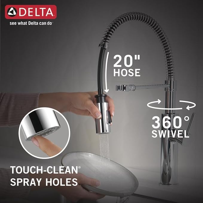 Delta Antoni Pro Style Commercial Kitchen Faucet with Pull Down Sprayer, Chrome Single Hole Kitchen Sink Faucet, Single Handle, Chrome 18803-DST