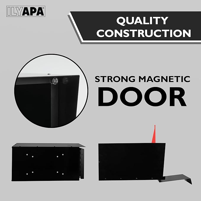 Ilyapa Large Mailbox Post Mount, Corrosion Resistant Powder Coated Black Mailbox, Modern Steel Design Mailboxes for Outside with Recessed Magnetic Close Door