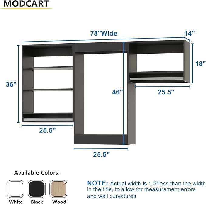 Modular Closet System, 78" Wide Organizer With Hanging Shelving, Wood Tower Storage for Walk In Closets, Wall Mounted Wardrobe Kit, Bedroom, Black