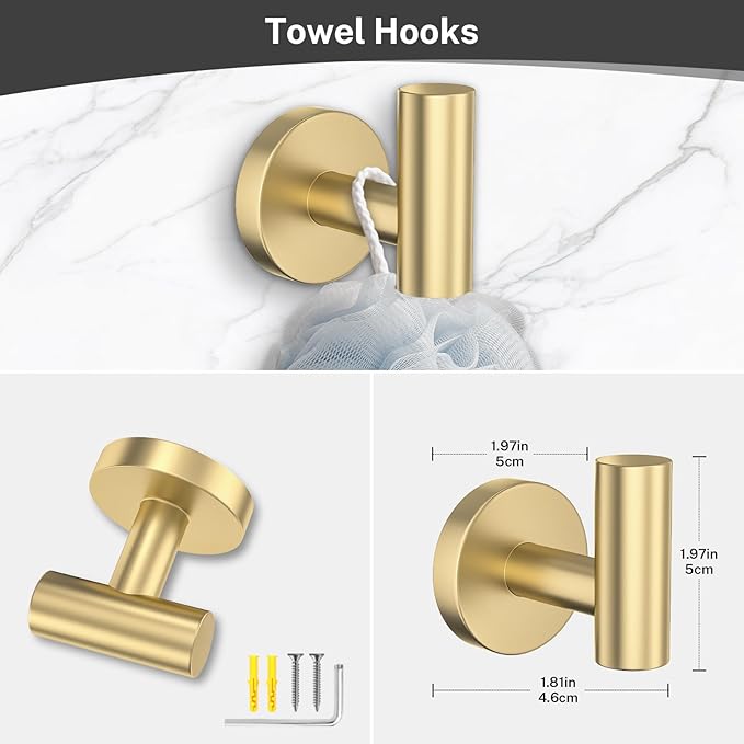 4-Piece Brushed Gold Bathroom Hardware Set,Gold Bathroom Accessories Include Towel Ring,Toilet Paper Holder & 2 Robe Hooks-Rustproof Wall Mounted Bathroom Set