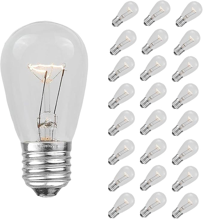 Novelty Lights 25 Pack S14 Outdoor Patio Edison Replacement Bulbs, E27 Medium Base, Clear, 11 Watt