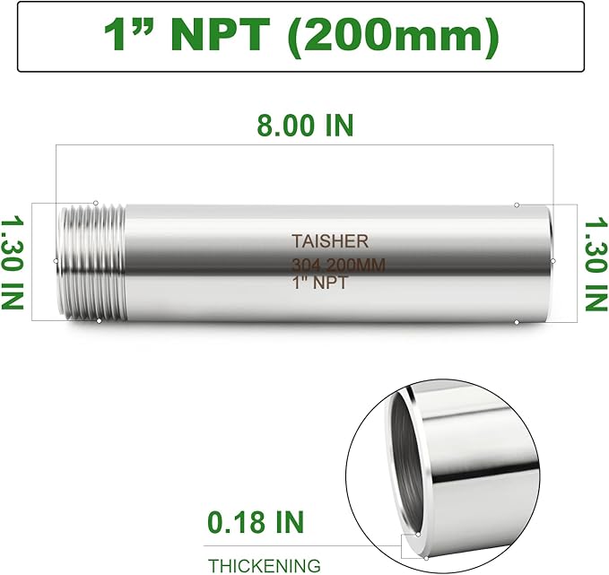 TAISHER 1PCS 304 Stainless Steel Pipe Fittings, 1" NPT Male Threaded, 8" Length Weld Nipple Cast Pipe