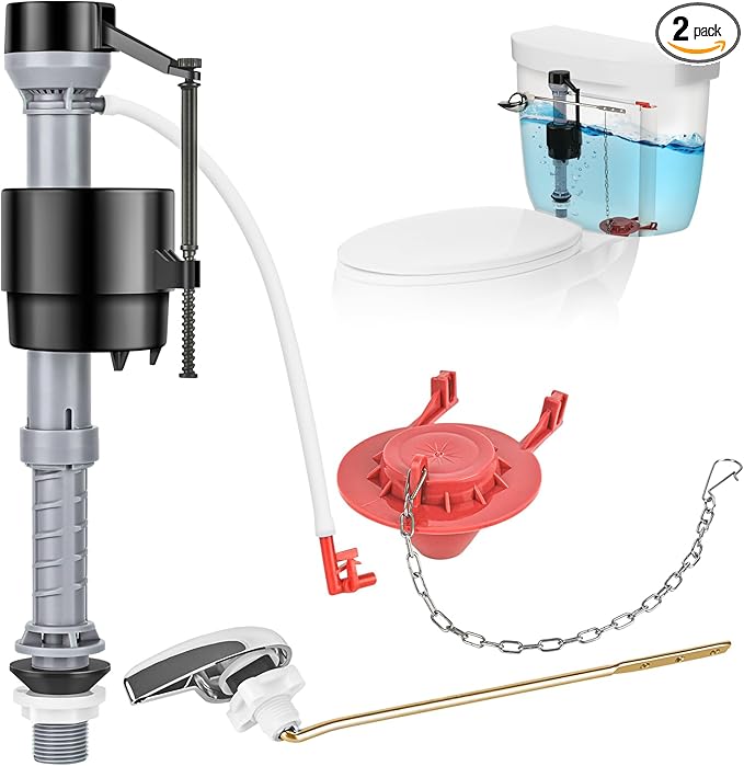 Universal Toilet Flusher Replacement Kit, Fill Valve, 2-Inch Flapper, Toilet Handle Lever, Adjustable, Quiet, Easy to Install, Complete Toilet Parts Inside Tank Kit (Red, 1-Pack)