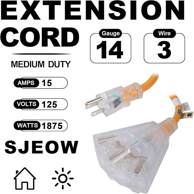 EP 10 Ft 14/3 SJEOW Heavy Duty Outdoor Extension Cord, Yellow 3-Outlet Power Cable with LED Lighted Plug, Water-Resistant for Indoor/Outdoor Use, Lawn, Garden, Appliances & Tools