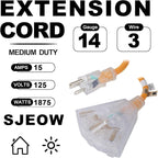 EP 15 Ft 14/3 SJEOW Heavy Duty Outdoor Extension Cord, Yellow 3-Outlet Power Cable with LED Lighted Plug, Water-Resistant for Indoor/Outdoor Use, Lawn, Garden, Appliances & Tools