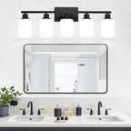 5-Light Black Bathroom Vanity Light Fixture with Milky White Frosted Glass Shades, Bathroom Light Fixture for Mirror, Matte Finish, Reversible Up/Down Lighting for Bedroom, Living Room, Hallway