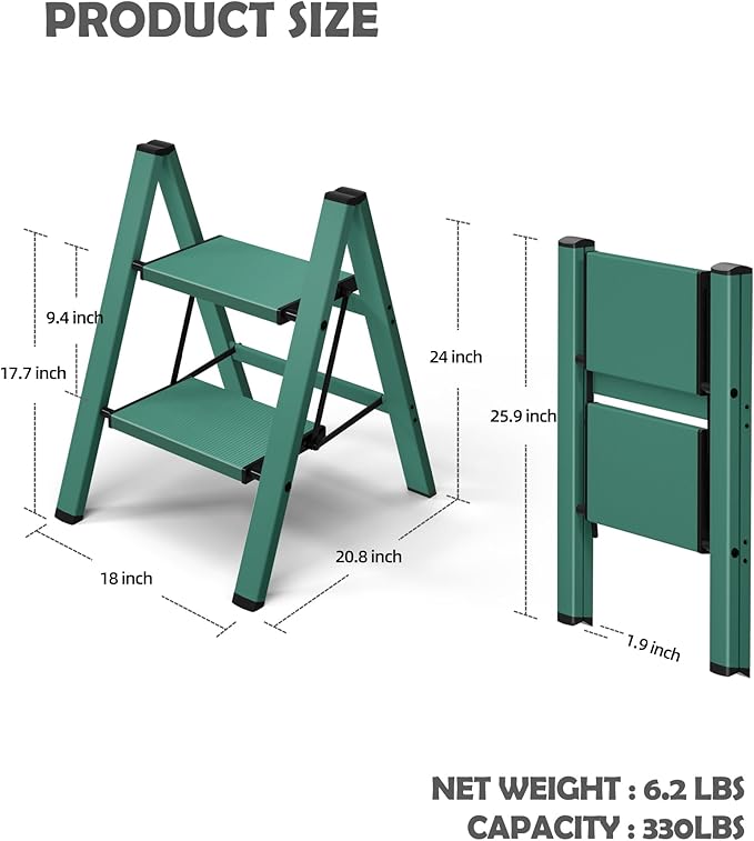 Taranta 2 Step Ladder,Aluminum Lightweight Folding 2 Step Stool with Anti-Slip Wide Pedal,330lbs Capacity Step Ladder for Household,Kitchen,Office - Green