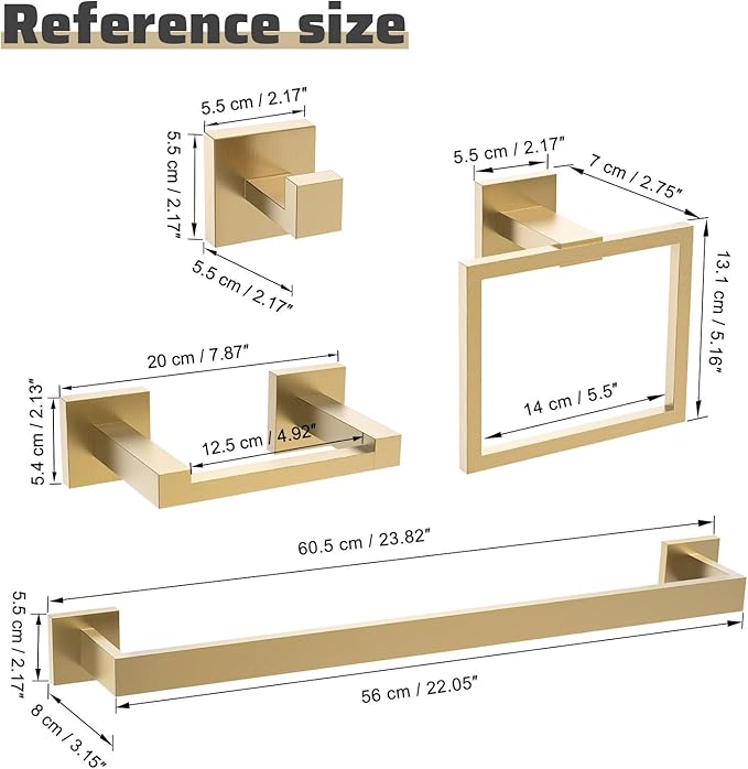 TNOMS 5-Piece Towel Bar Set Brushed Gold Bathroom Hardware Accessories Set Includes Upgraded Double Base Toilet Paper Holder,Modern Square Towel Holder Set Stainless Steel Wall Mount 23.6 Inch