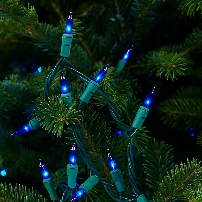 Novelty Lights 11 Feet 50 Bulbs Traditional Incandescent Mini Lights, Blue on Green Wire with 2.5" Spacing, Commercial Grade and UL Listed for Indoor/Outdoor Use, End-to-End Connectable