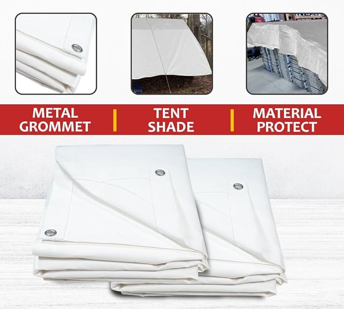 Mytee Products 8' x 10' White Canvas Tarp 12oz - Water Resistant & Breathable - Heavy Duty Tarps - Multipurpose Tarpaulin Cover for Camping Tent