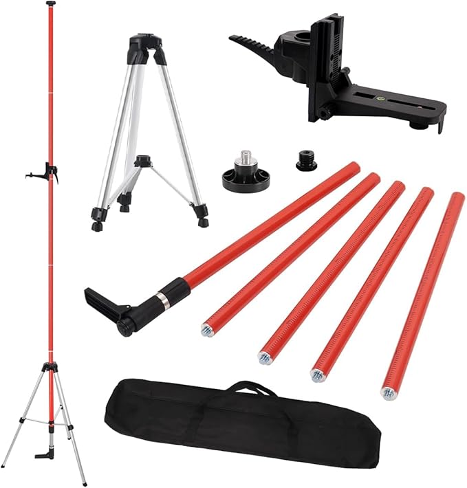 MOETER 12 Ft./3.7M Telescoping Laser Level Pole, Adjustable Laser Pole with Tripod, 1/4"-20 and 5/8"-11 Threaded Adapter of Rotary and Line Lasers