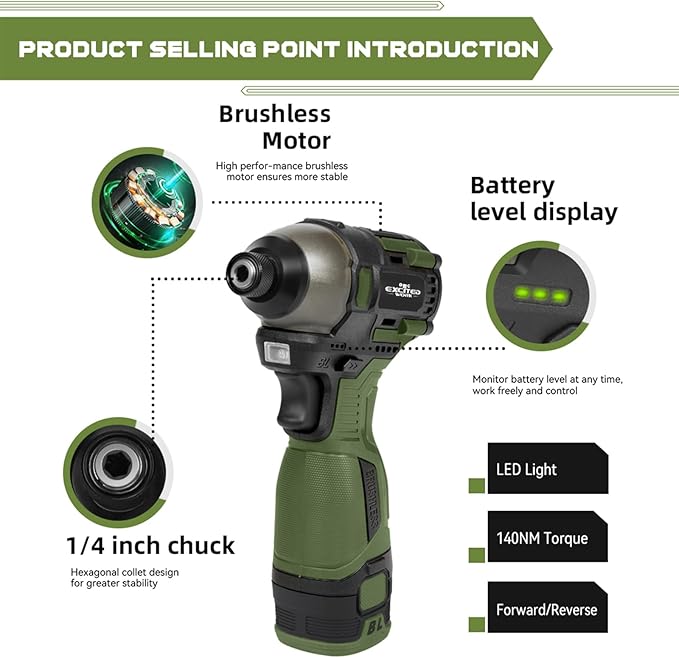 17V Brushless Screwdriver, 140Nm Cordless Impact Driver Set with 3 Adjustable Speed, 2 Batteries and Led Work Light