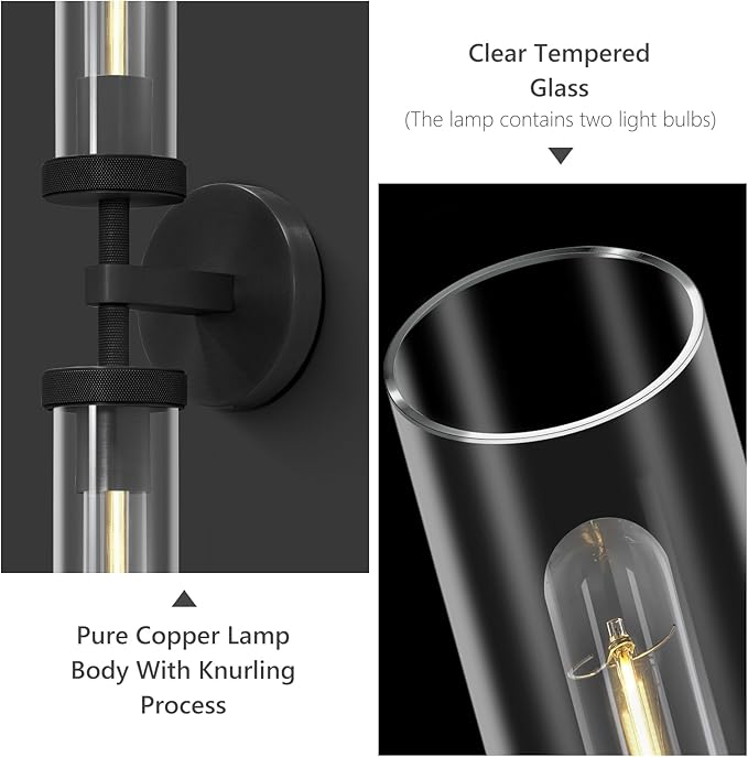 Knurled Bathroom Wall Sconce Hardwired, Black Wall Sconces, 20.5" Vanity Lights Over Mirror, Linear Wall Sconce Dimmable, Bathroom Light Fixtures Glass Tube, Bronze Wall Sconces Sconces Wall Lighting