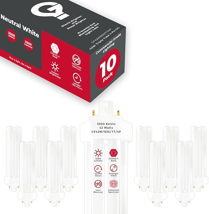 GoodBulb 42 Watt CFL Light Bulbs 4 Pin GX24Q-4 Base 3500K Neutral White 42W High Output 3200 Lumens Triple Tube Compact Fluorescent Light Bulbs Plug-in 10 Pack