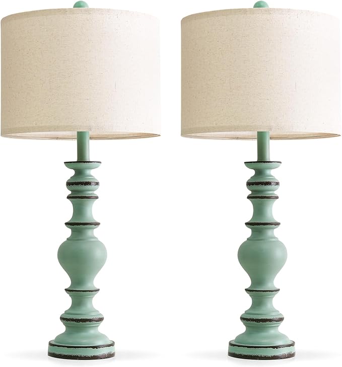 BOBOMOMO 27" Distressed Teal Table Lamps Set of 2, Large Coastal Farmhouse Resin Lamps with Linen Shades, Blue Green Lamps for Living Room, Bedroom, or Console Table Home Décor