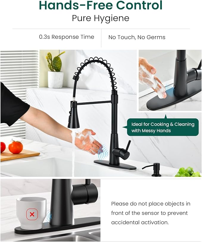 APPASO Pull Down Kitchen Faucet Touchless Black, Motion Sensor Activated Automatic Kitchen Faucet, High Arc Commercial Pre-Rinse Hands-Free Faucets for Kitchen Sink, Matte Balck (Side Sensor)