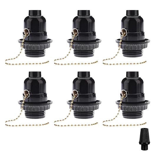 6 Pack Lamp Socket Replacement, Phenolic Medium Base Light Socket, E26 Screw Bulbs Edison Retro Pendant Lamp Holder, Lampshade Ring, 1/8 IP Thread Cap (Lamp Socket Pull Chain)
