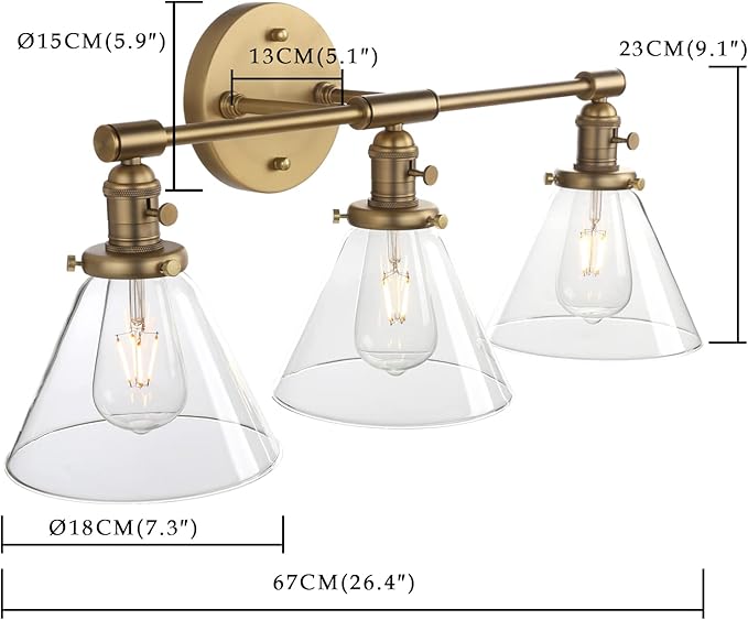 Phansthy 3-Light Wall Sconces Antique Brass Vanity Light, Industrial Wall Lamps with On Off Switch and Clear Glass Lampshade, Vintage Wall Lighting for Bathroom Living Room (Antique, Cone Shade)