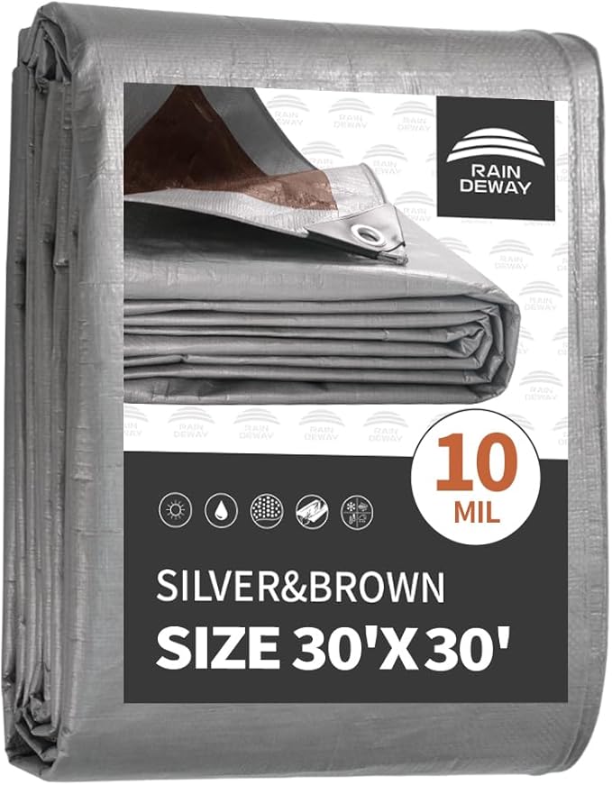 RAINDEWAY Tarps Heavy Duty Waterproof 30x30 Feet,10Mil Thick Multipurpose Large Tarp Cover with Metal Grommets and Reinforced Edges,Silver/Brown Tarp