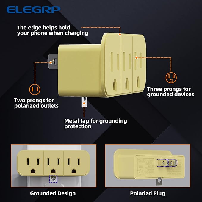 ELEGRP 2 to 3 Prong Grounded Triple Outlet Extender, 2-Prong to 3-Prong Adapter Converters for Wall Outlets, Portable Polarized Wall Plug Splitter with 3 AC Outlets, ETL Listed, 3 Packs, Ivory