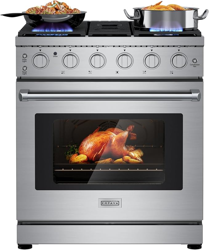 Empava Slide-in & Freestanding Gas Range Stove,4.55 Cu. Ft. Convection Oven Capacity with Mechanical Knobs Control-Heavy Duty Cast Iron Grates 5 Sealed Burners Cooktop, Stainless Steel,30 Inch