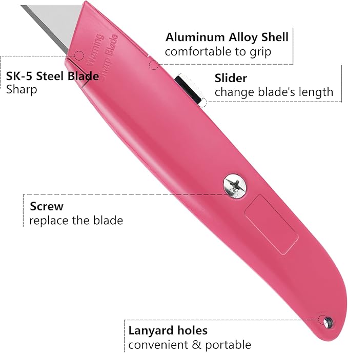 DIYSELF 30 Pack Box Cutter Heavy Duty Aluminium Shell Utility Knife | SK5 Steel Sharp Blade | Retractable Knife for Cutting Cartons Ropes and Cardboard | Home and Office Use (Pink)