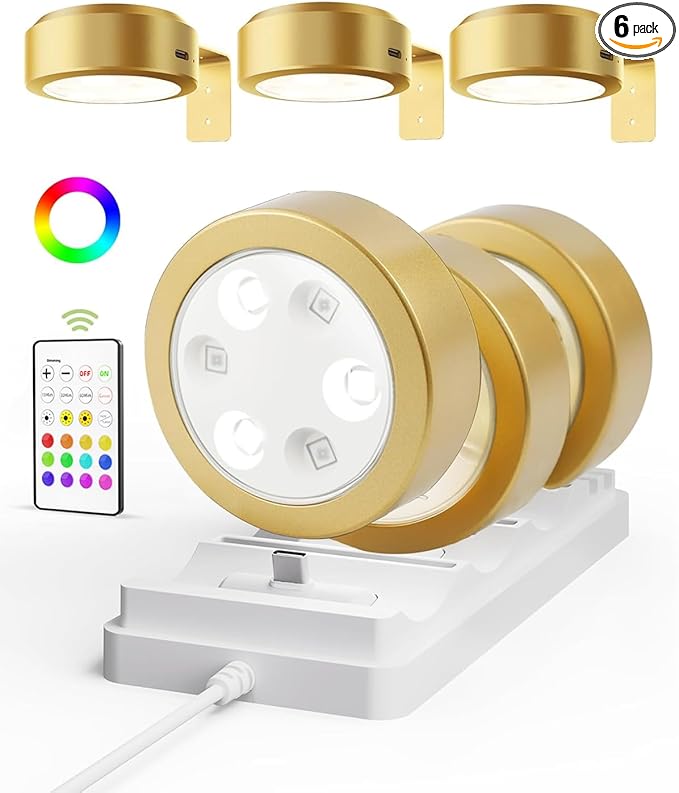 EZVALO Picture Lights for Wall with Charging Station, Rechargeable Battery Magnetic Poster Lights with 3 Color Temps & 12 RGB, Remote Dimmable Timer Light, Wall Decor Light for Art Display (6 Pack)