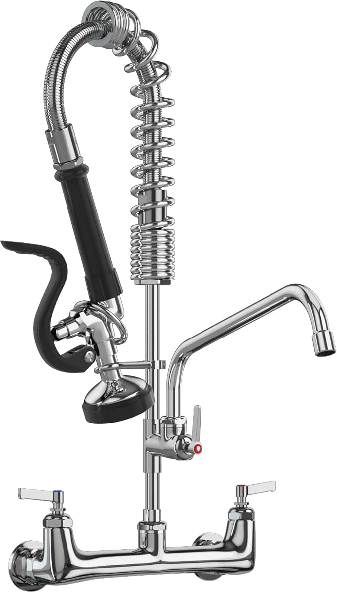 Commercial Faucet with Sprayer 8 Inch Center 25" Height Wall Mount Kitchen Sink Faucet Add On 12" Spout and Pull Down Pre Rinse Sprayer Faucet for 1, 2 or 3 Compartment Sink (Polished Chrome)