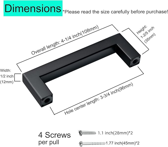 10 Pack Black Cabinet Handles Stainless Steel Matte Black Square Cabinet Pulls Modern Kitchen Cabinet Drawer Handles 3 3/4 Inch Hole Center 96mm
